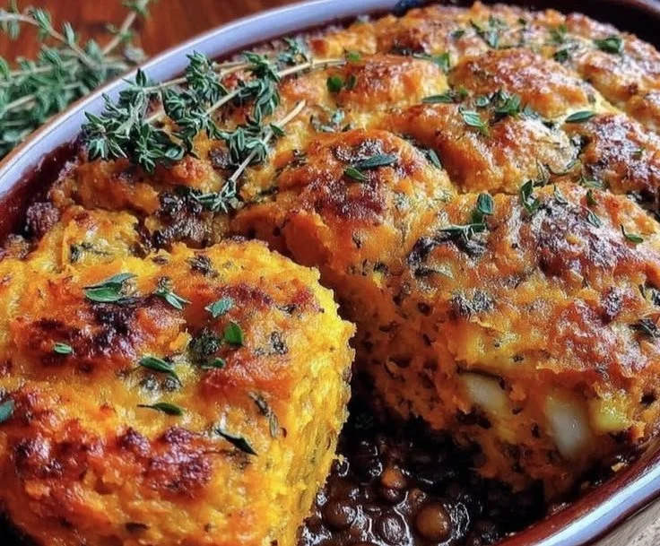 Delicious vegan shepherd's pie with lentils and sweet potatoes topped with creamy mash
