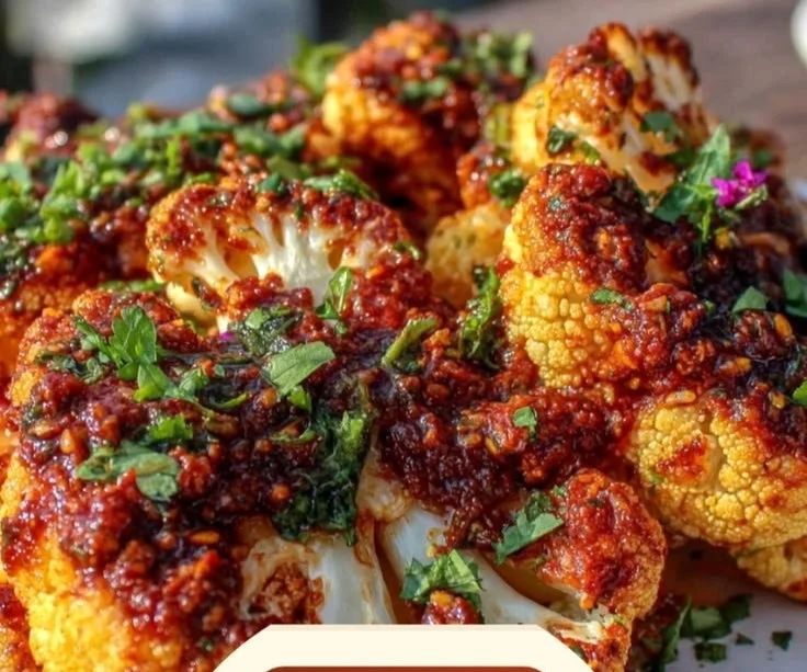 Smoky roasted vegan cauliflower steaks on a plate ready to serve.