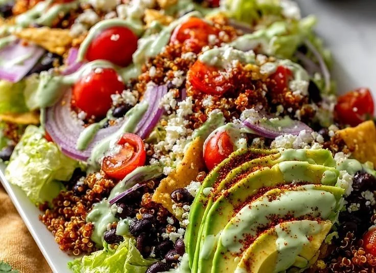 Gluten-Free Loaded Quinoa Taco Salad with fresh vegetables and spices