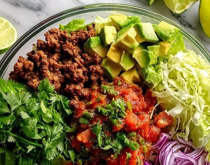 Healthy Paleo Taco Salad served in a bowl with fresh ingredients