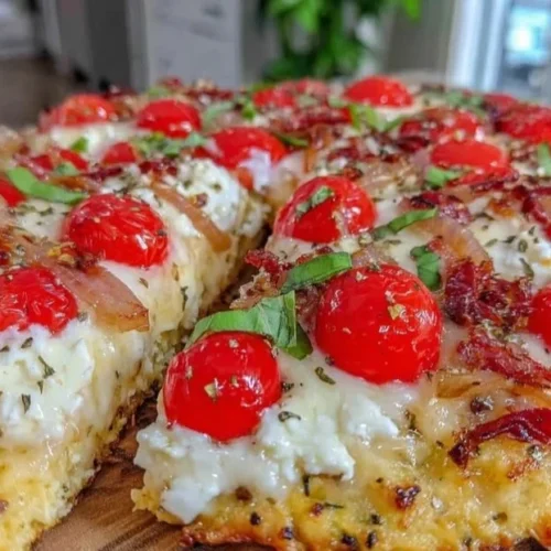 High-protein cottage cheese flatbread pizza topped with fresh ingredients