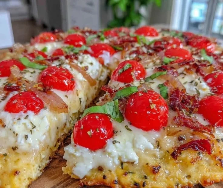 High-protein cottage cheese flatbread pizza topped with fresh ingredients