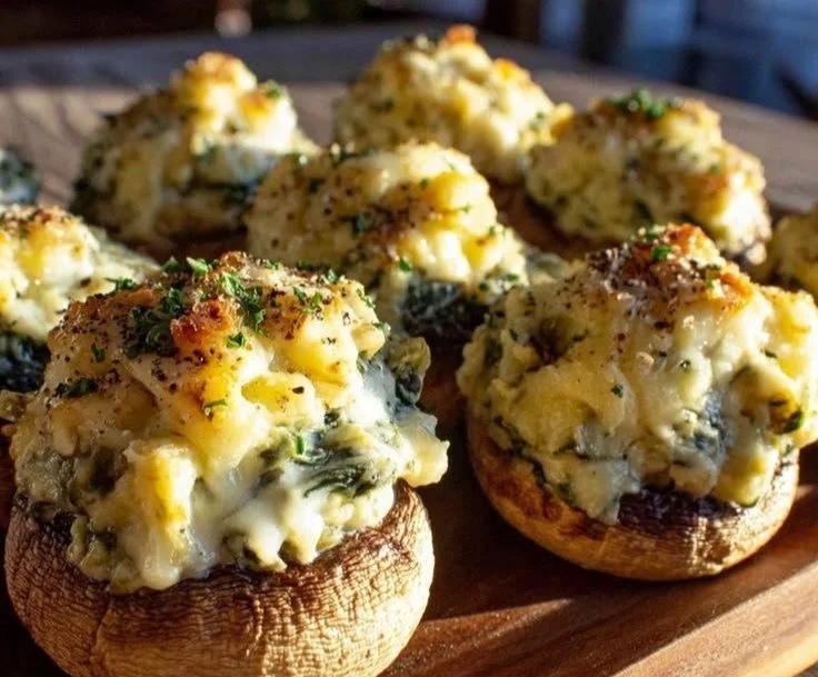 Keto spinach artichoke stuffed mushrooms ready to serve on a platter