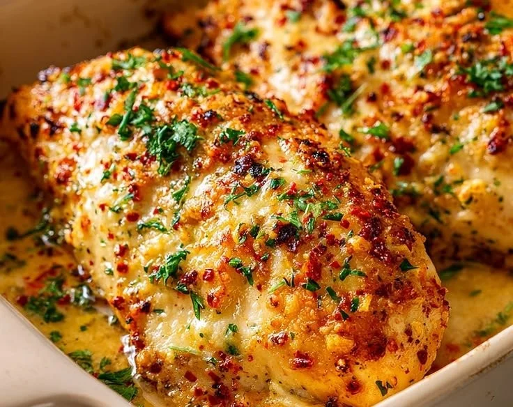 Easy Minute Garlic Parmesan Chicken Bake served with side dishes
