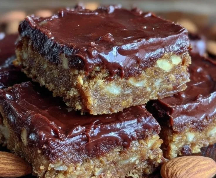 No-bake almond butter chocolate fudge bars on a plate