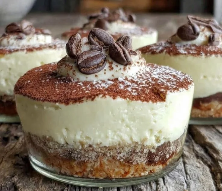 No-Bake Tiramisu Cheesecake Cups topped with cocoa powder and coffee