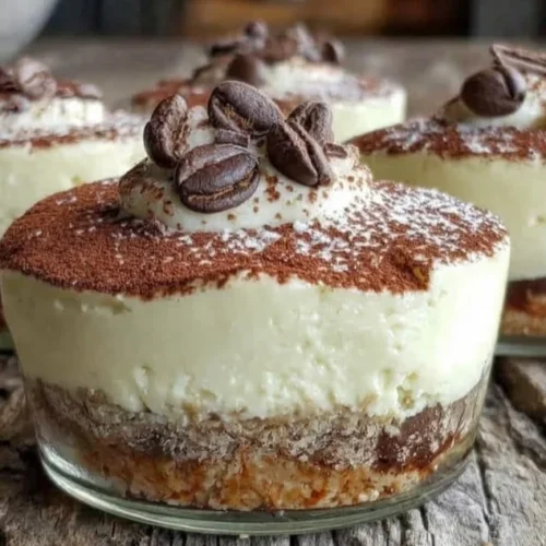 No-Bake Tiramisu Cheesecake Cups served in clear dessert cups with cocoa powder