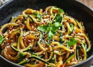 Nutritious teriyaki zucchini noodles topped with sesame seeds and fresh vegetables