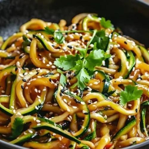 Nutritious teriyaki zucchini noodles topped with sesame seeds and fresh vegetables