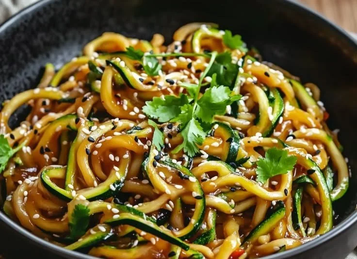 Nutritious teriyaki zucchini noodles topped with sesame seeds and fresh vegetables