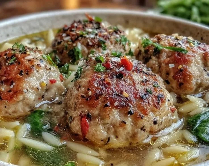 A bowl of orzo turkey meatball soup garnished with herbs and vegetables.