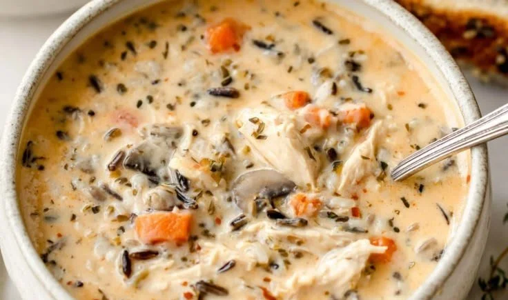 Bowl of Panera Chicken & Wild Rice Soup garnished with herbs