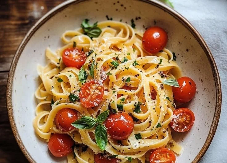 Delicious pasta dish featuring fresh cherry tomatoes.