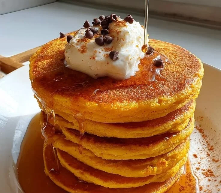 Fluffy pumpkin cottage cheese pancakes served with syrup and spices