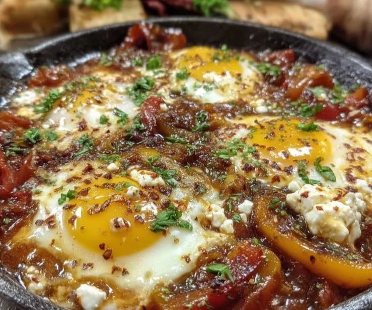 Quick Mediterranean Shakshuka dish with roasted peppers and crumbled feta cheese.
