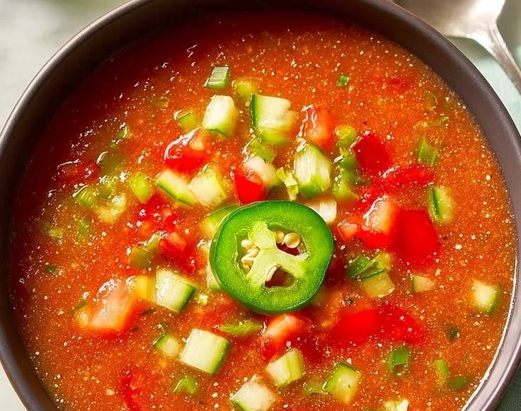 Bowl of simple cold gazpacho made with fresh vegetables and herbs