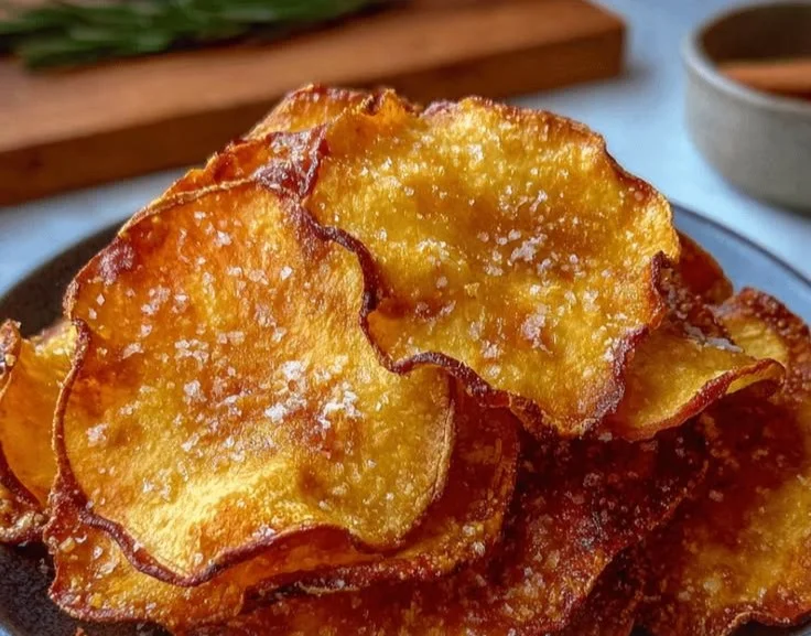Baked apple chips made with three simple ingredients for a healthy snack.