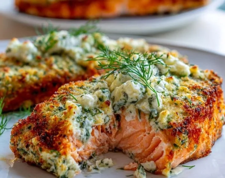 30-minute cottage cheese crusted salmon cutlets served with fresh herbs.