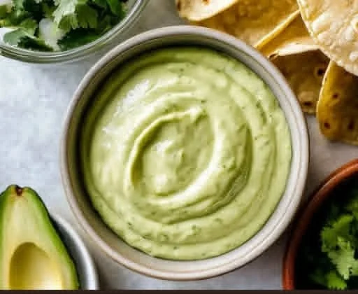Delicious avocado crema served in a bowl with fresh ingredients.