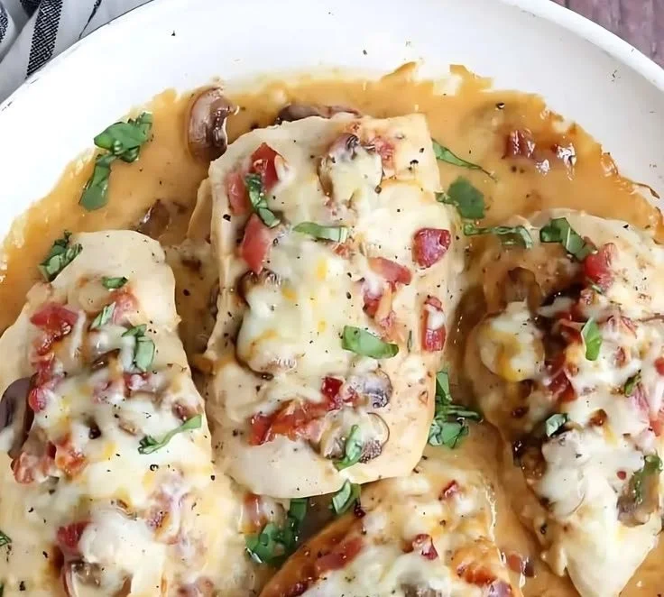 Bacon Mushroom Stuffed Chicken garnished with herbs and served on a plate