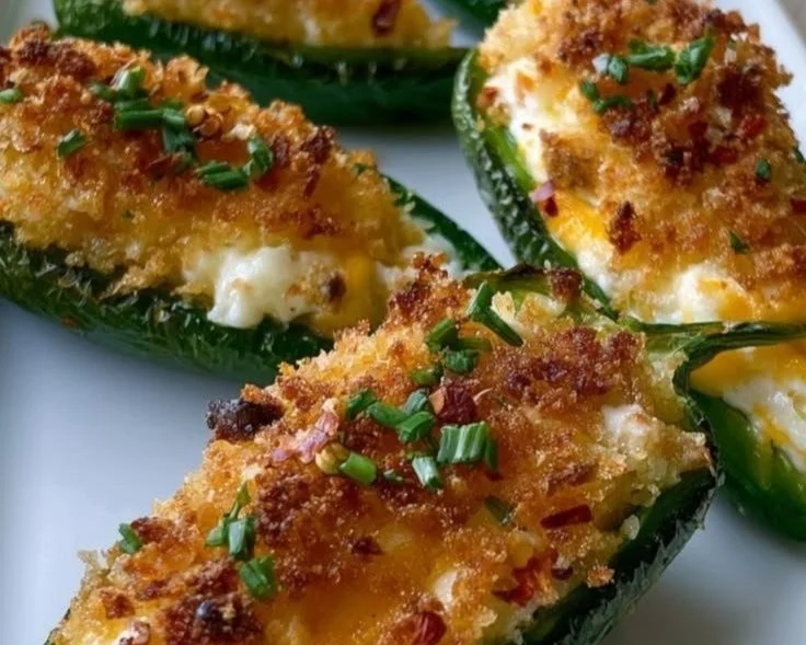Baked creamy jalapeño poppers topped with cheese and herbs on a baking tray.