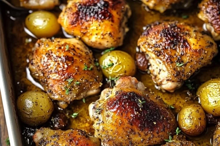 Baked honey mustard chicken thighs served on a plate with herbs and sides