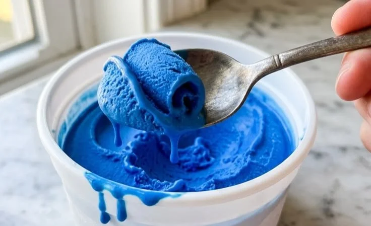 Scoop of Blue Moon Ice Cream in a cone with sprinkles and a cherry on top
