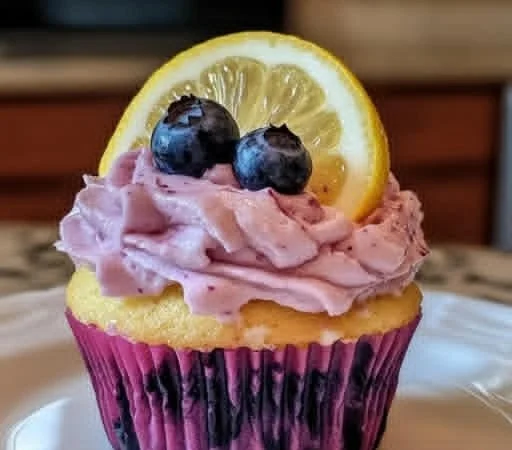Blueberry lemonade cupcakes topped with fresh blueberries and lemon zest