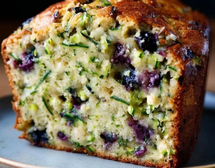 A delicious slice of moist blueberry zucchini bread on a plate.