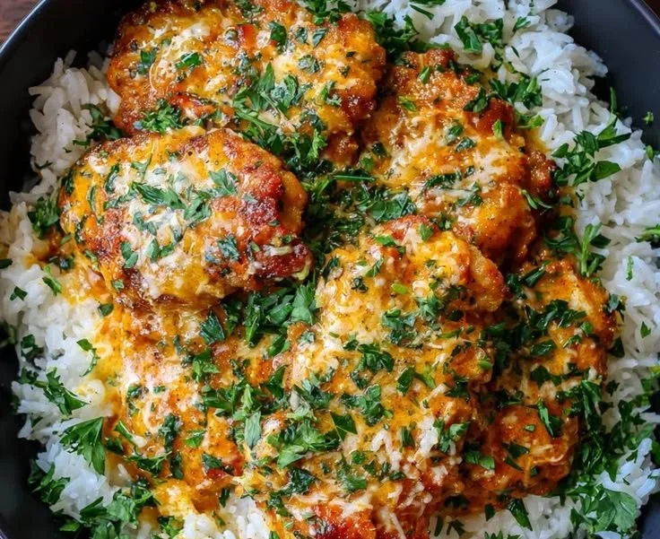 Bold Buffalo Garlic Butter Chicken served over rice with parmesan