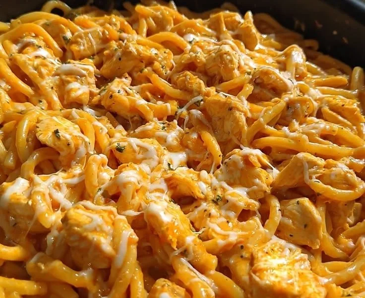 Delicious Buffalo Chicken Noodles garnished with green onions