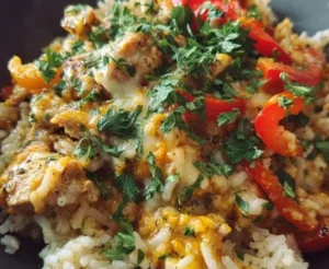 Cajun chicken pepper jack rice skillet with colorful peppers and spices