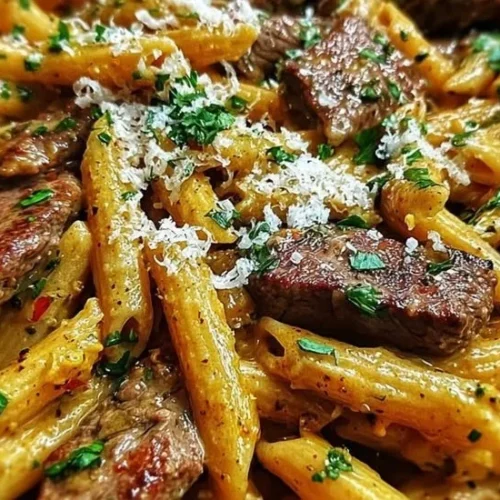 Cajun Spicy Garlic Butter Steak Pasta Skillet with herbs and spices