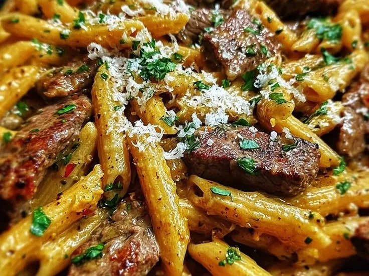 Cajun Spicy Garlic Butter Steak Pasta Skillet with herbs and spices
