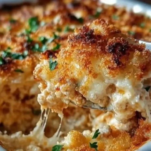 Cheesy high-protein chicken parmesan casserole with melted cheese and herbs