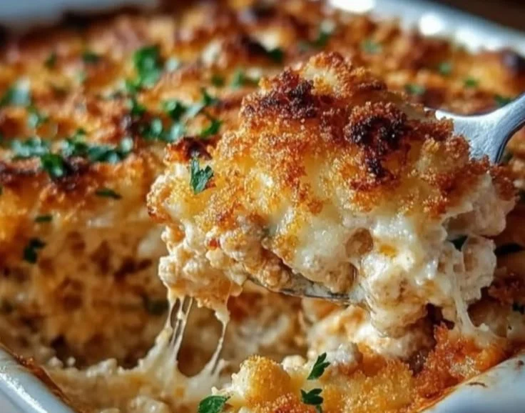 Cheesy high protein chicken parmesan casserole served in a baking dish