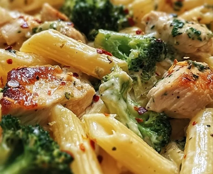 A delicious plate of chicken and broccoli pasta garnished with parmesan cheese.