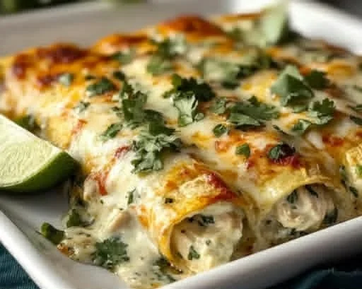 Delicious Chicken Avocado Enchiladas topped with cheese and fresh cilantro.