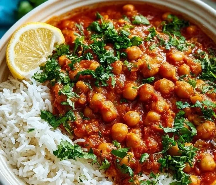 Delicious chickpea curry served in a bowl with spices and garnishes