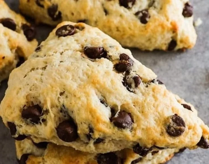 Freshly baked chocolate chip scones on a plate