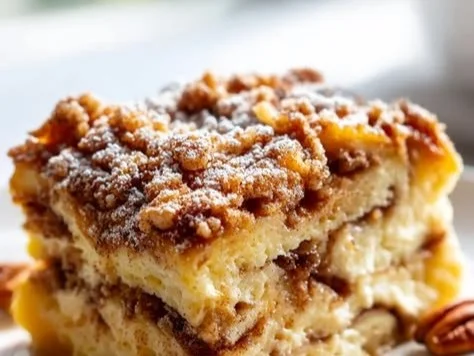 Delicious cinnamon roll pancake casserole served on a platter