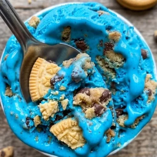Delicious Cookie Monster Ice Cream with cookie dough and blue vanilla swirls