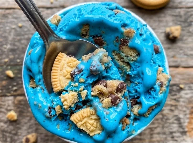 Delicious Cookie Monster Ice Cream with cookie dough and blue vanilla swirls