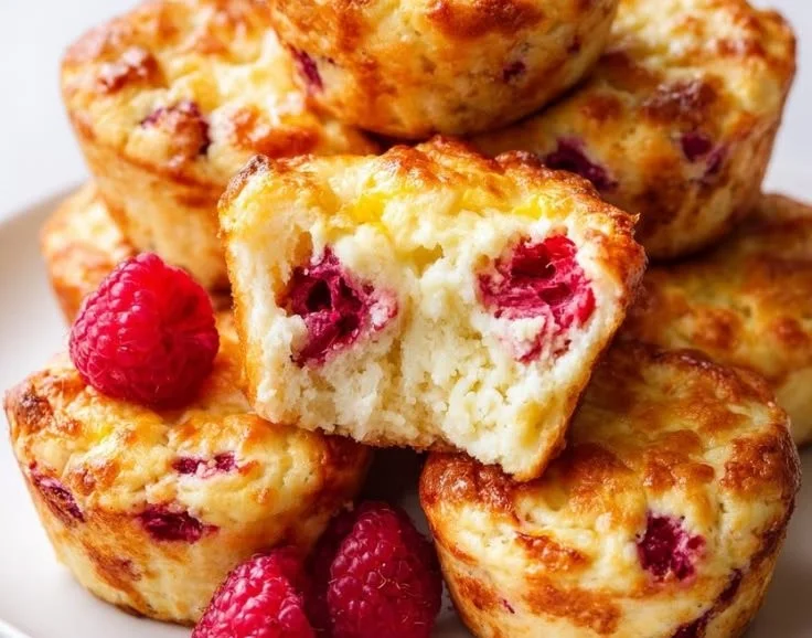 Cottage Cheese Lemon Raspberry Yogurt Muffins with fresh raspberries and lemon zest