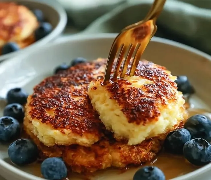 Fluffy cottage cheese pancakes stacked on a plate with syrup and berries