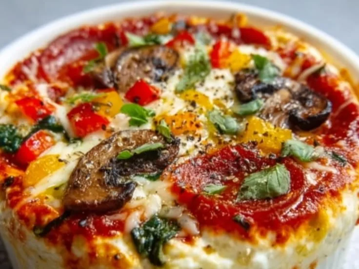 Delicious cottage cheese pizza bowl garnished with fresh vegetables