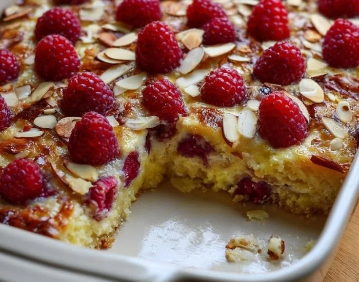 Cottage cheese raspberry almond casserole served in a dish, ready to eat