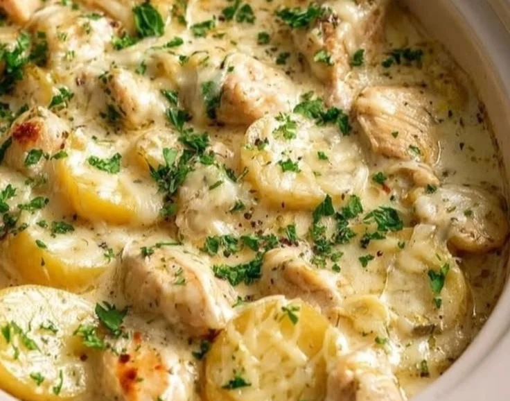 Cozy slow cooker chicken and potatoes dish in a bowl.