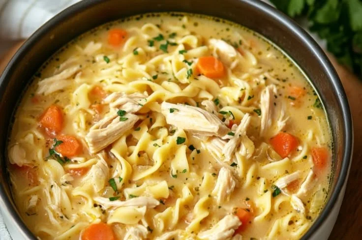 Bowl of creamy Crack Chicken Noodle Soup with chicken, noodles, and herbs