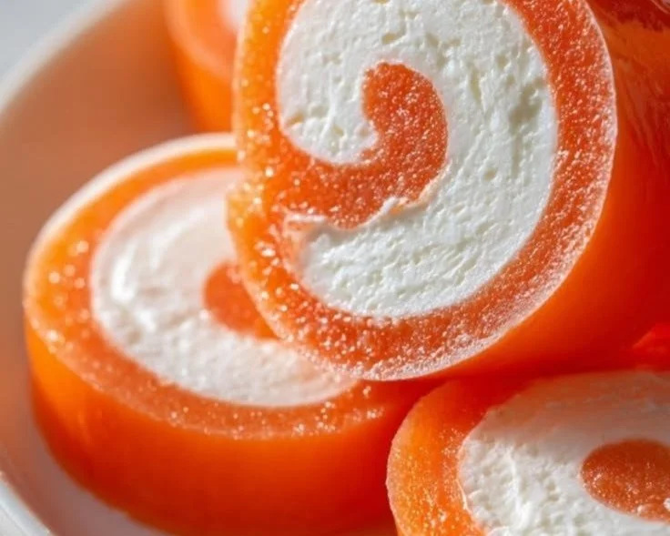 Delicious Creamsicle Vodka Jello Rollups served as a festive dessert.
